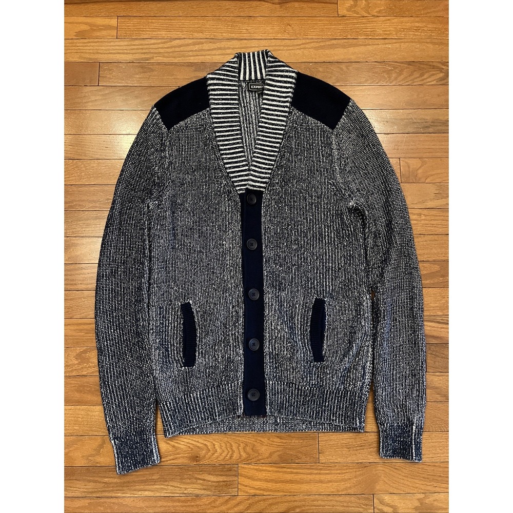 Express Men's Cardigan Sweater M Navy Off White Shawl Collar Knit 2013